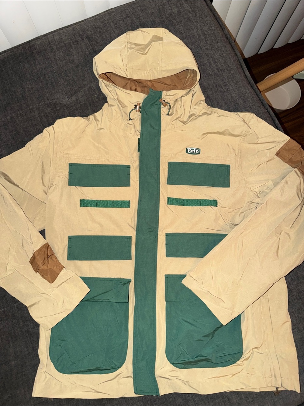 Tan and Forest Green Hooded Ski Jacket